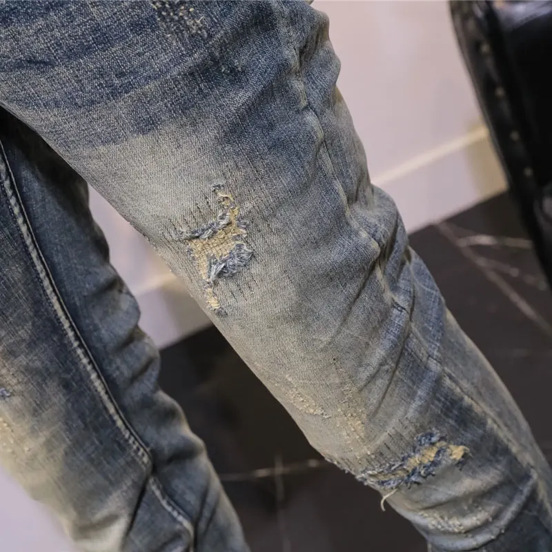Fashion Designer Men Jeans Retro Washed Stretch Slim Fit Ripped Jeans Men Embroidery Patched Vintage Y2K Denim Pants Hombre