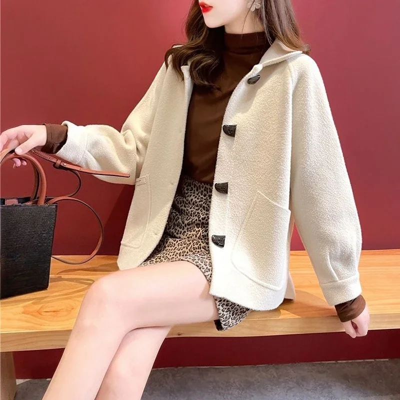 

Women's Loose Wool Coat with Cow Horn Buttons Autumn New Arrival Spring Friendly Cardigan Petite Size Elegant Slimming