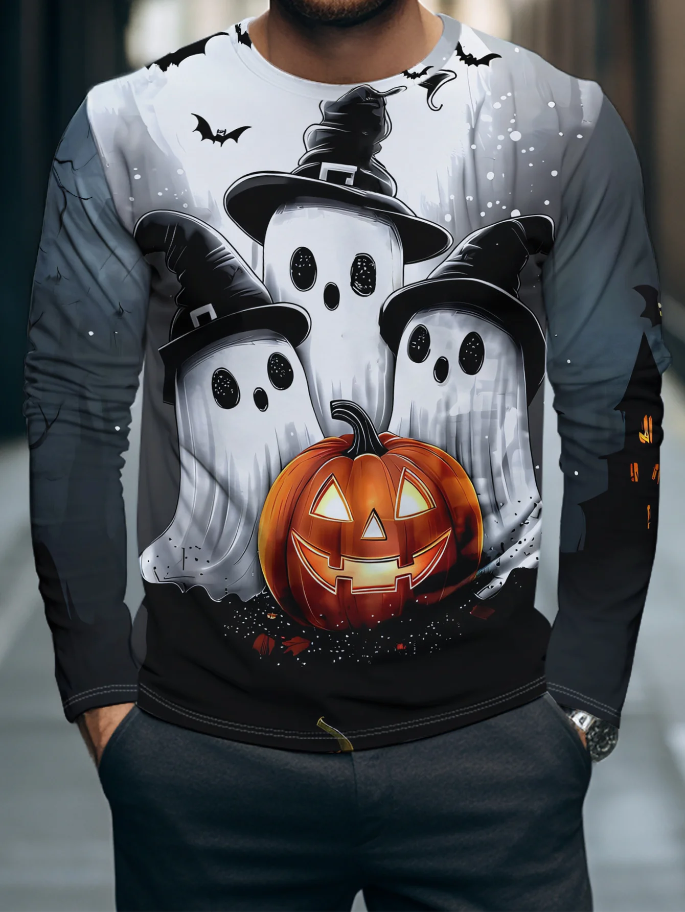 Men's Long Sleeve T‑Shirt Cute Ghost Witch Hat Pumpkin Bat Print Crew Neck Halloween Party Casual Streetwear Top