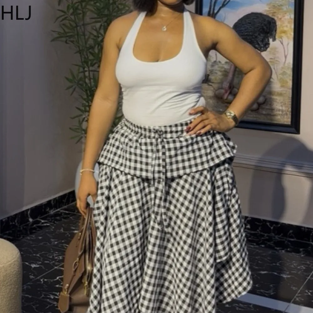 HLJ Y2k Sweet Checkered Print Skirt Women Summer Streetwear Irregular Patchwork High Waisted  Skirt Female Solid Color Bottoms