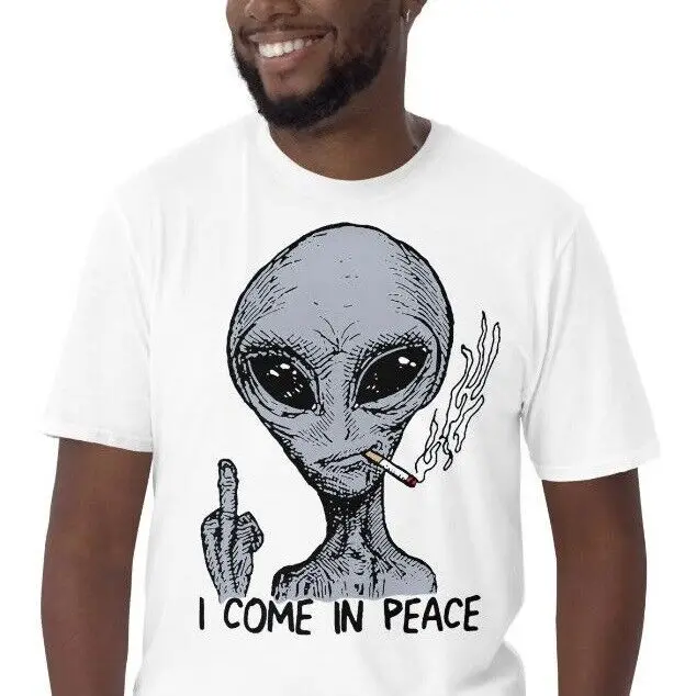 I Come In Peace Gray Alien Roswell Funny Middle Finger Unisex T-Shirt High Quality 100%Cotton Short Sleeve