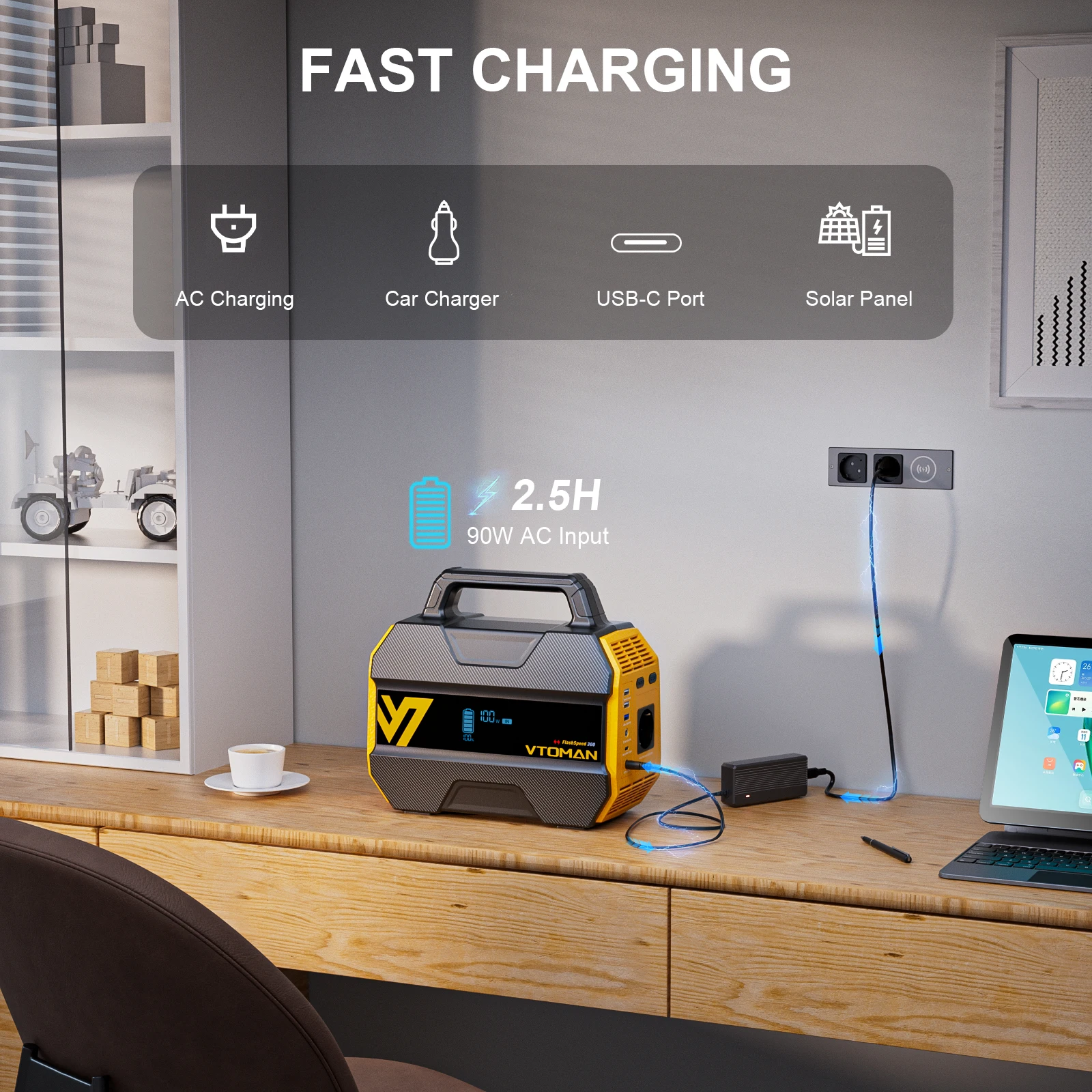 Estación de Energía Portátil VTOMAN FlashSpeed 300, 230Wh/70000mAh LiFePO4, Generador Solar de Onda Sinusoidal Pura, Fuente de Energía Móvil para Campamentos, Viajes, Autocaravanas, Vida en Van y Cortes de Energía en el Hogar.