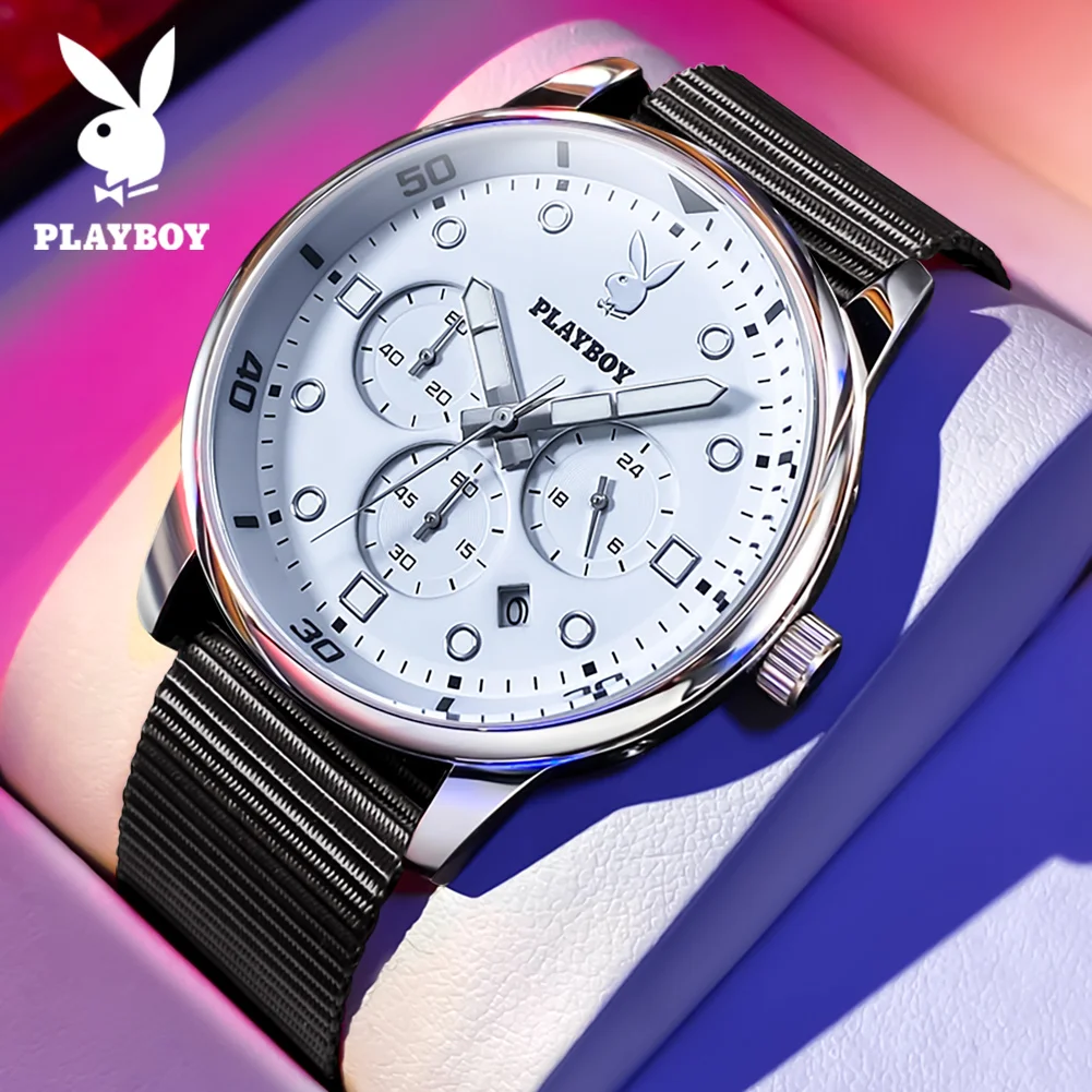 

Мужские часы PLAYBOY, кварцевые часы, водонепроницаемые, повседневные, с хронографом, многофункциональные наручные часы, водонепроницаемый светящийся нейлоновый ремешок 3072