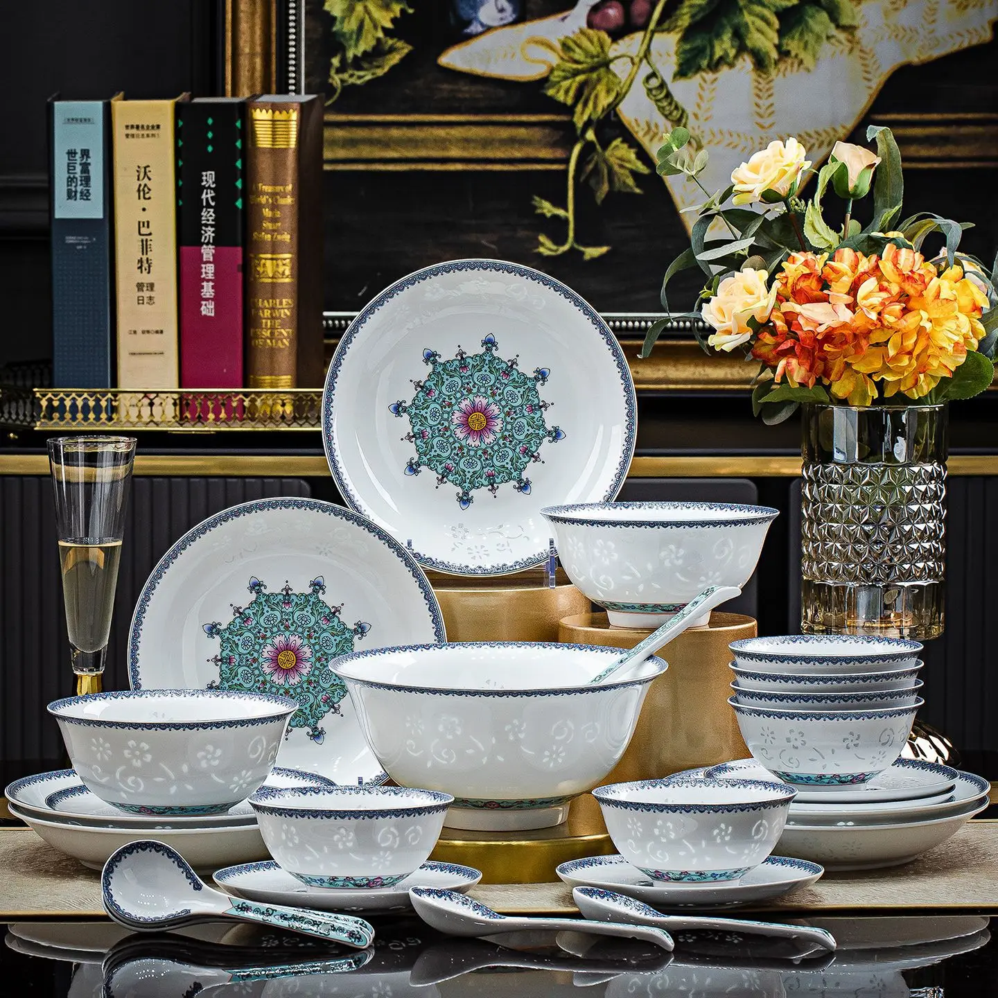 Jingdezhen enamel color exquisite bone china tableware set, household dishes