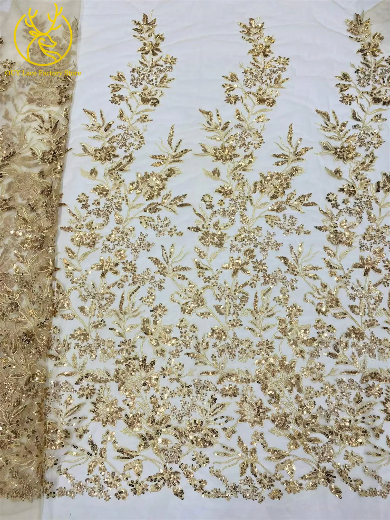 Goldener Luxus-Tüllstoff mit französischer Stickerei und Pailletten, afrikanischer Pailletten-Mesh-Tüllstoff zum Nähen von Hochzeits- und Abendkleidern – Detail 5