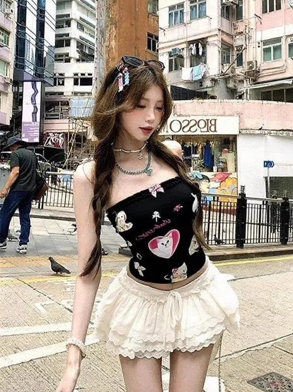 Cool Spicy Girl Fashionable Slimming One-Shoulder Bared Back Cartoon Print Top with Integrated Chest Pad Short Sweet Style