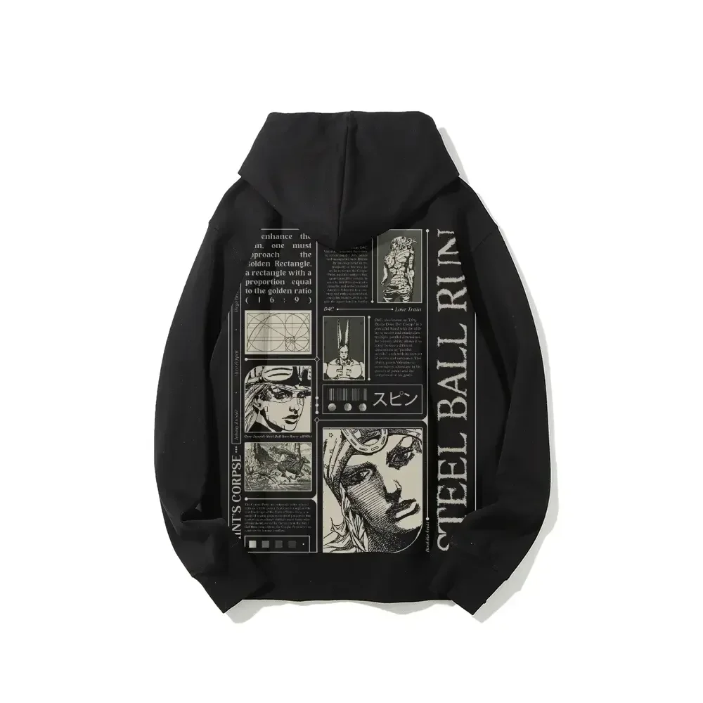 JoJo's Bizarre Adventure: Steel Ball Run SBR, with Black and White Comic-Style Panels and Text on the Back, including 'SAINT'S CORPSE' - Long Sleeve Cotton Unisex Hoodie JJBA Anime Fashion Trending