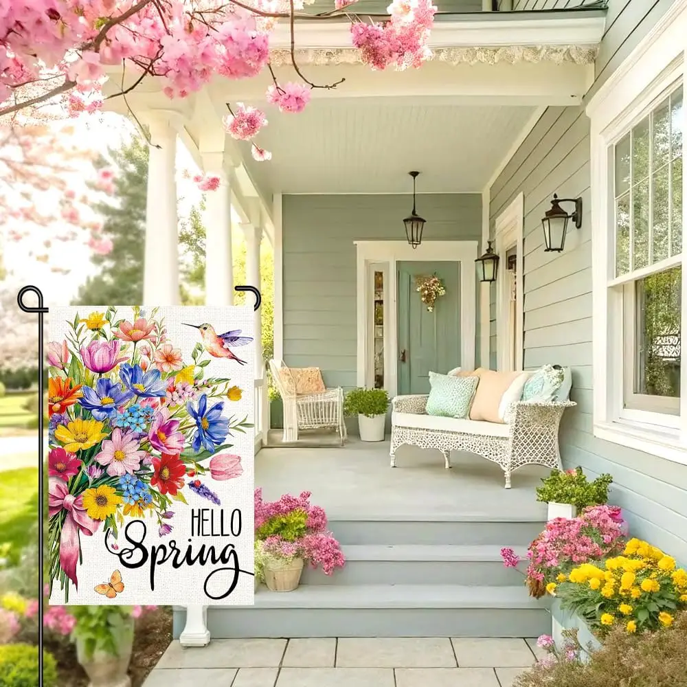 Hello Spring Garden Flag 12x18 Inch, Colorful Wildflowers and Hummingbird Double Sided Burlap Yard Small Flag for Outdoor Sp ZZM