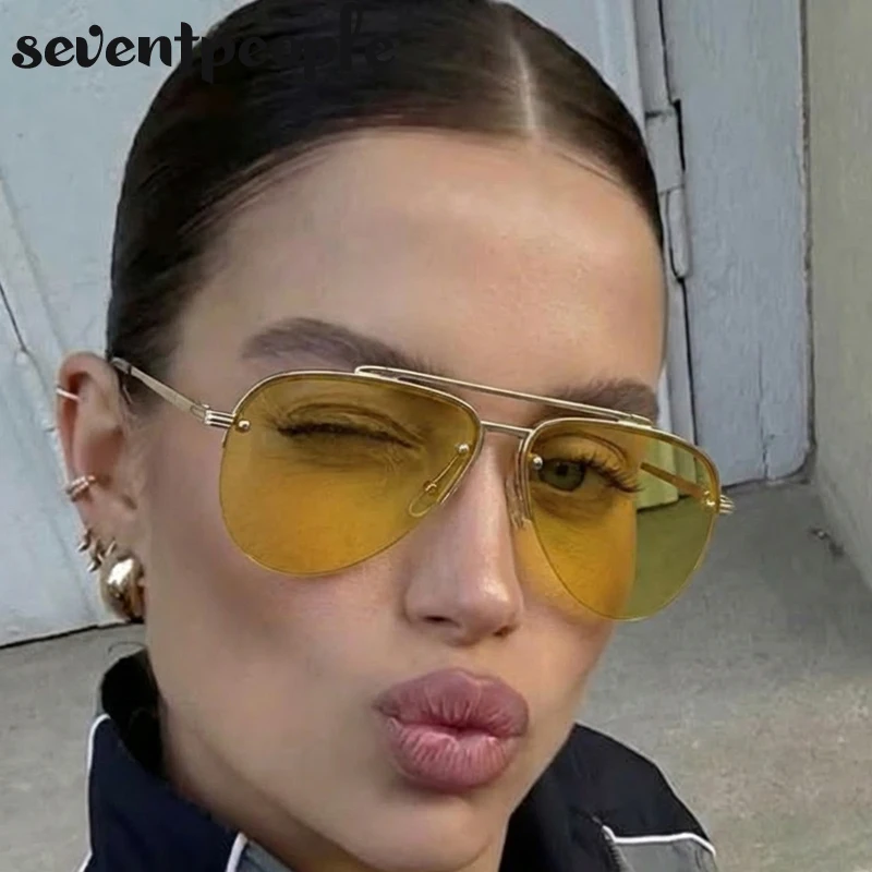 Oversized Semi-Rimless Pilot Sunglasses Women 2026 Luxury Brand Trendy Metal Double Bridge Sun Glasses For Ladies Driving Shades