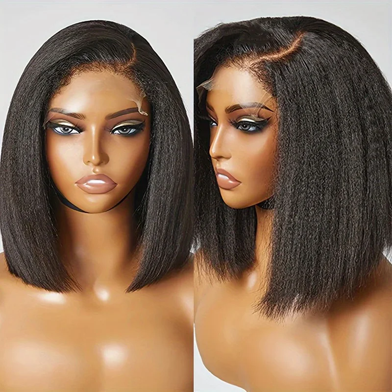 Short Kinky Straight Bob Wigs High Density 13x4 Lace Frontal Human Hair Wigs Pre Plucked Nature Yaki Straight Bob Wig Daily Use