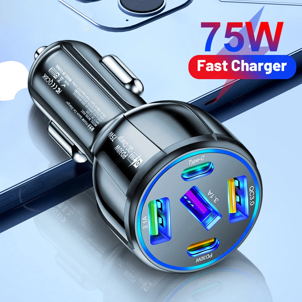 75W 5 Ports USB Car Charger PD Type C Fast Charging Charger In Car For iPhone Samsung Xiaomi Huawei Phone USB Car Power Adapter
