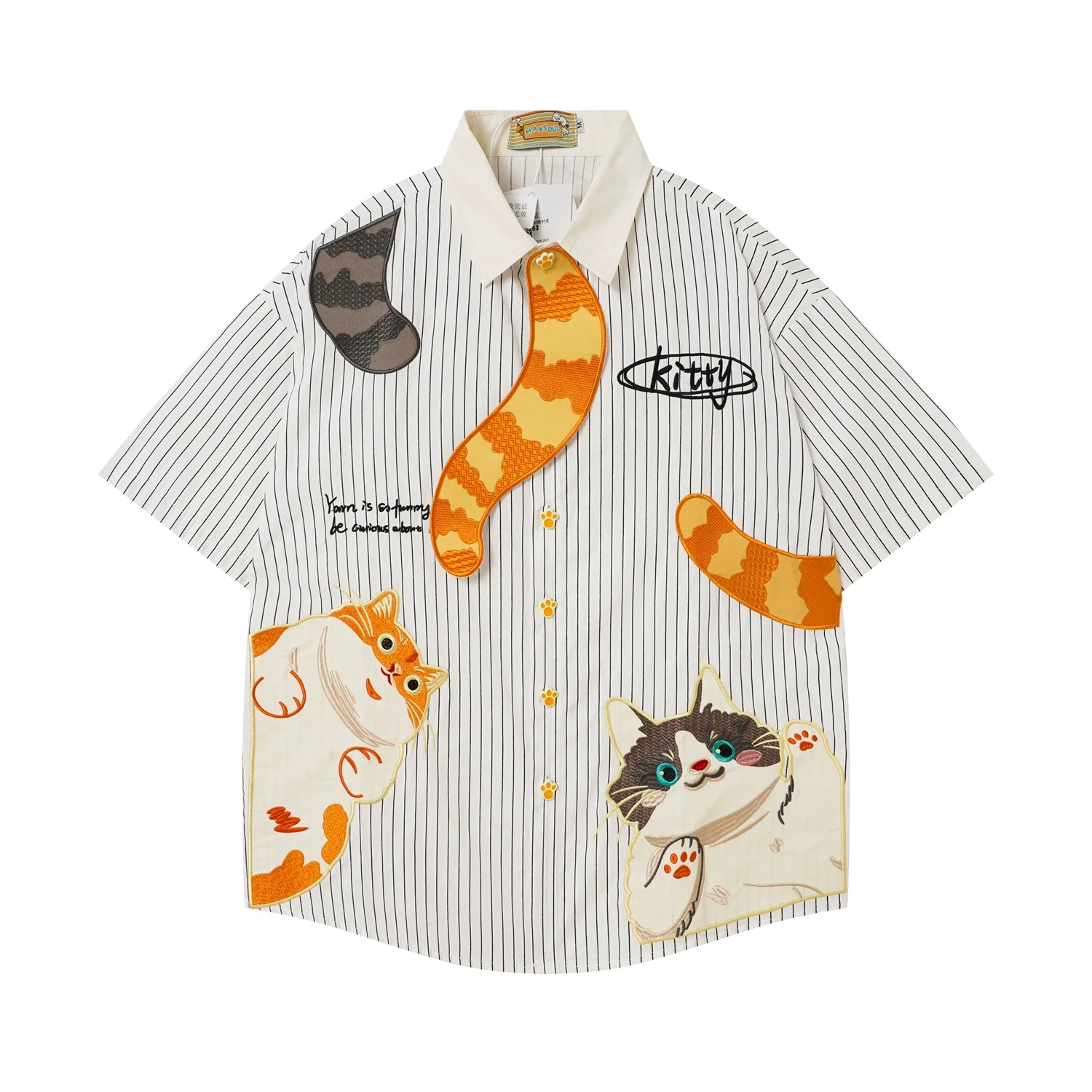 Cat Graphic Embroidery Shirts Men Japanese Harajuku Shirts Short Sleeve Button Up Blouse Unisex Y2K Oversized Striped Shirts Top