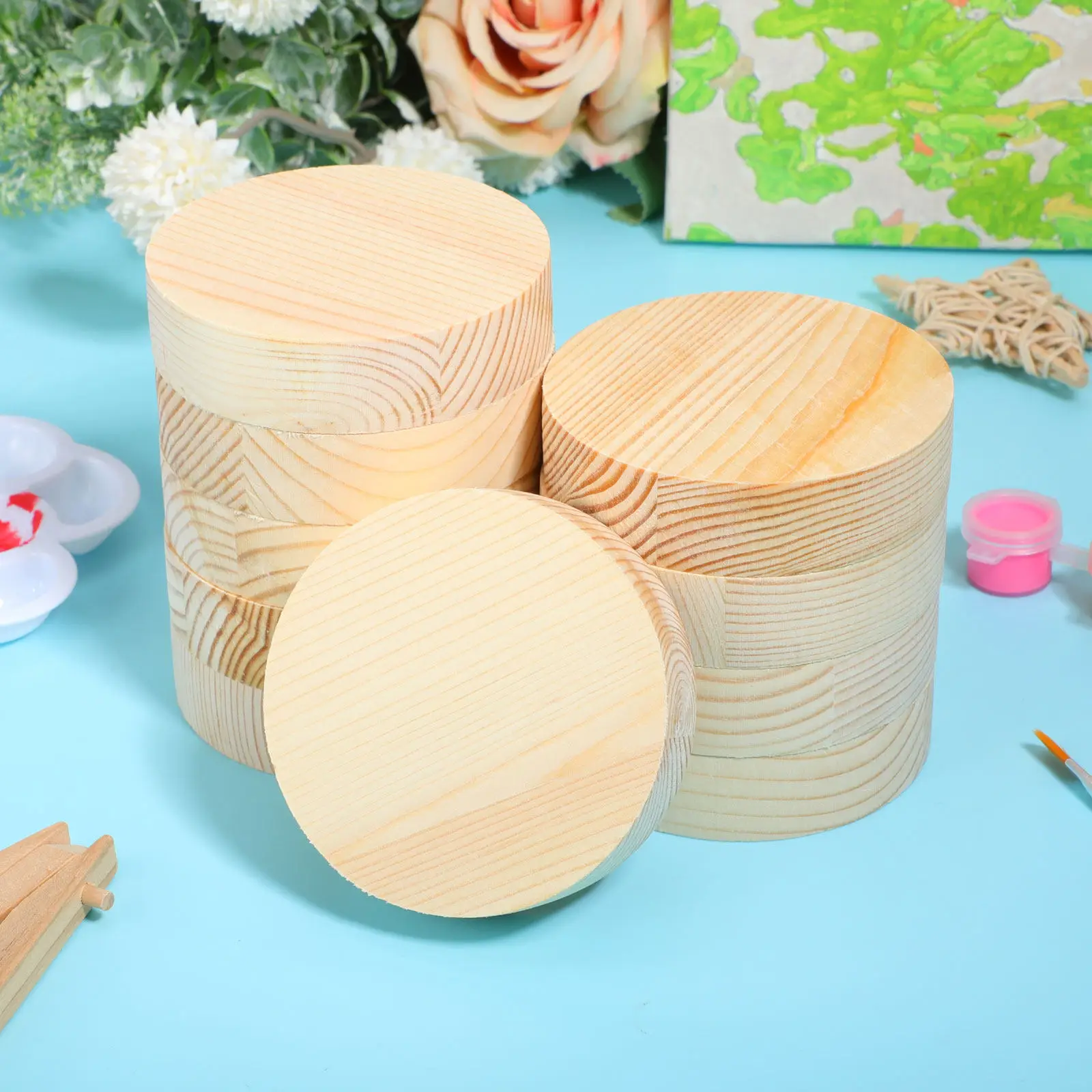 10-個ラウンドウッドチップ天然木製スライス滑らかな表面手作り-diy-工芸品写真小道具結婚式クリスマス装飾
