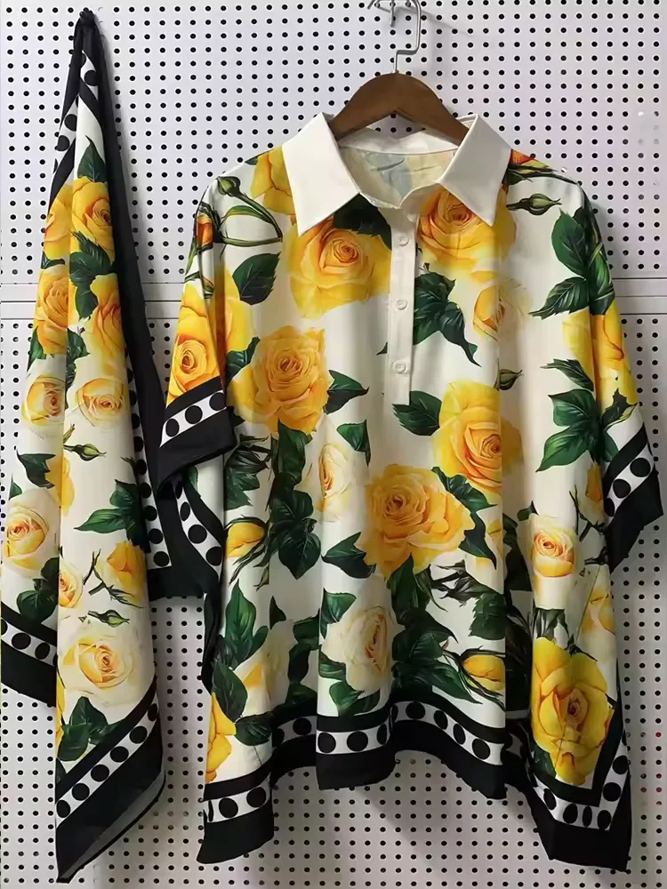 

Vintage printed color matching lapel pullover loose batsleeve shirt 2025 summer women's fashion all-match top + silk scarf