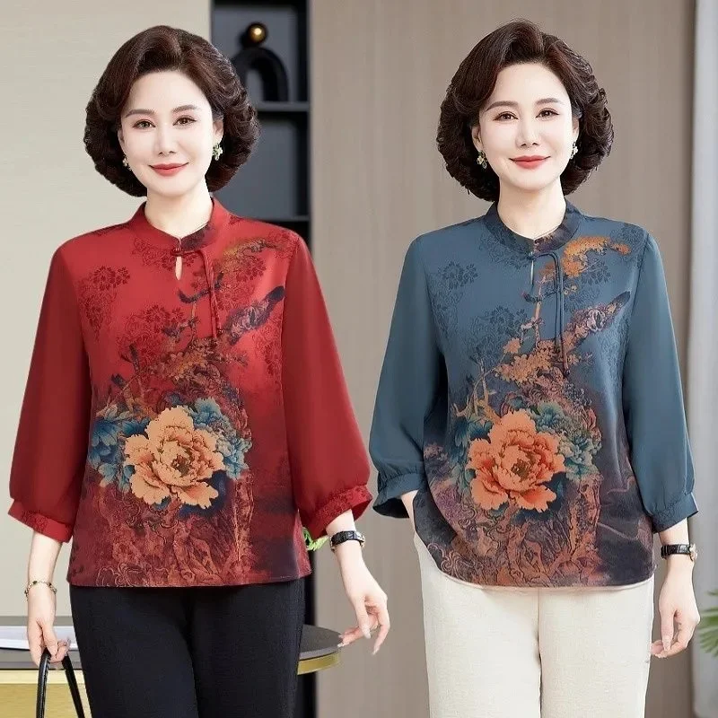 

Retro Lady High End Large Size 5XL Top Middle Aged Mother Casual Printing Blouse Spring Summer Femme Fashion Stand Collar Tshirt