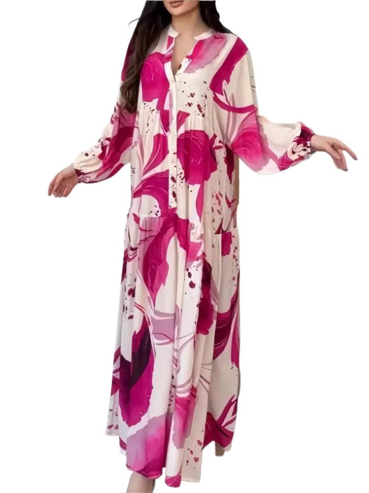 

New Print Dress Loose Casual Long Sleeve Fashion Elegant V-neck Long Skirt Spring Autumn Casual Holiday Party Dresses Robe Femme