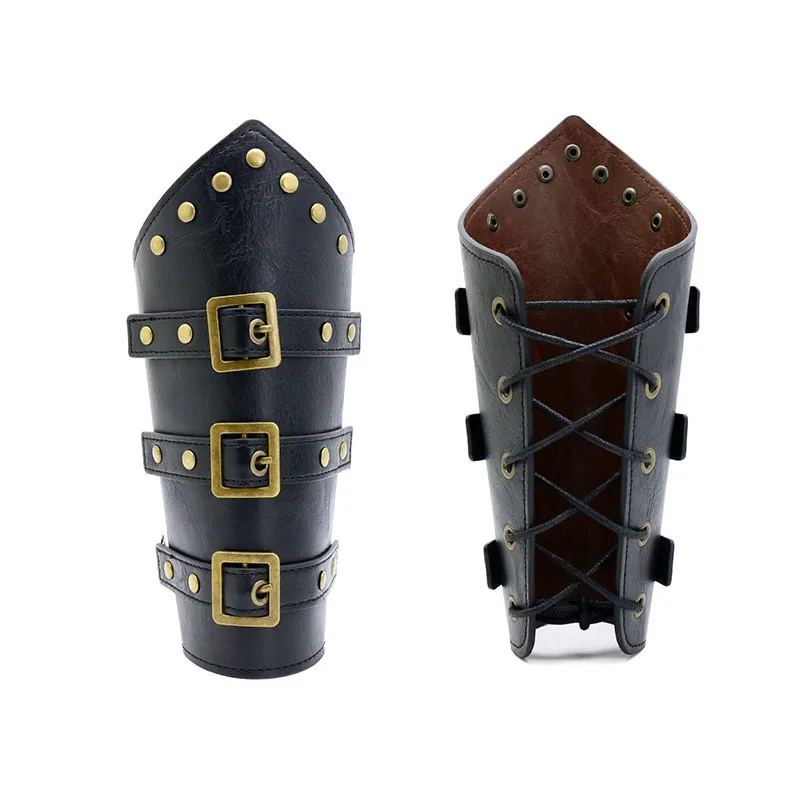 Medieval Steampunk Retro Multi layer PU Leather Riveted Gauntlet Halloween LARP Cosplay Hand Armor Costume Accessories Props view 4