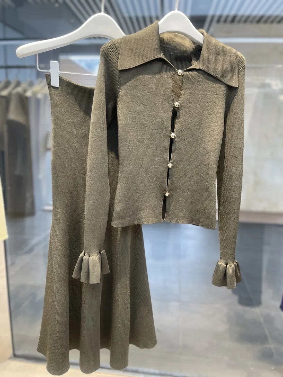 High-End Version European Style Long Sleeve Collared Hollow out Knitted Cardigan Top with Fish Tail  Skirt Two-Piece Set ...