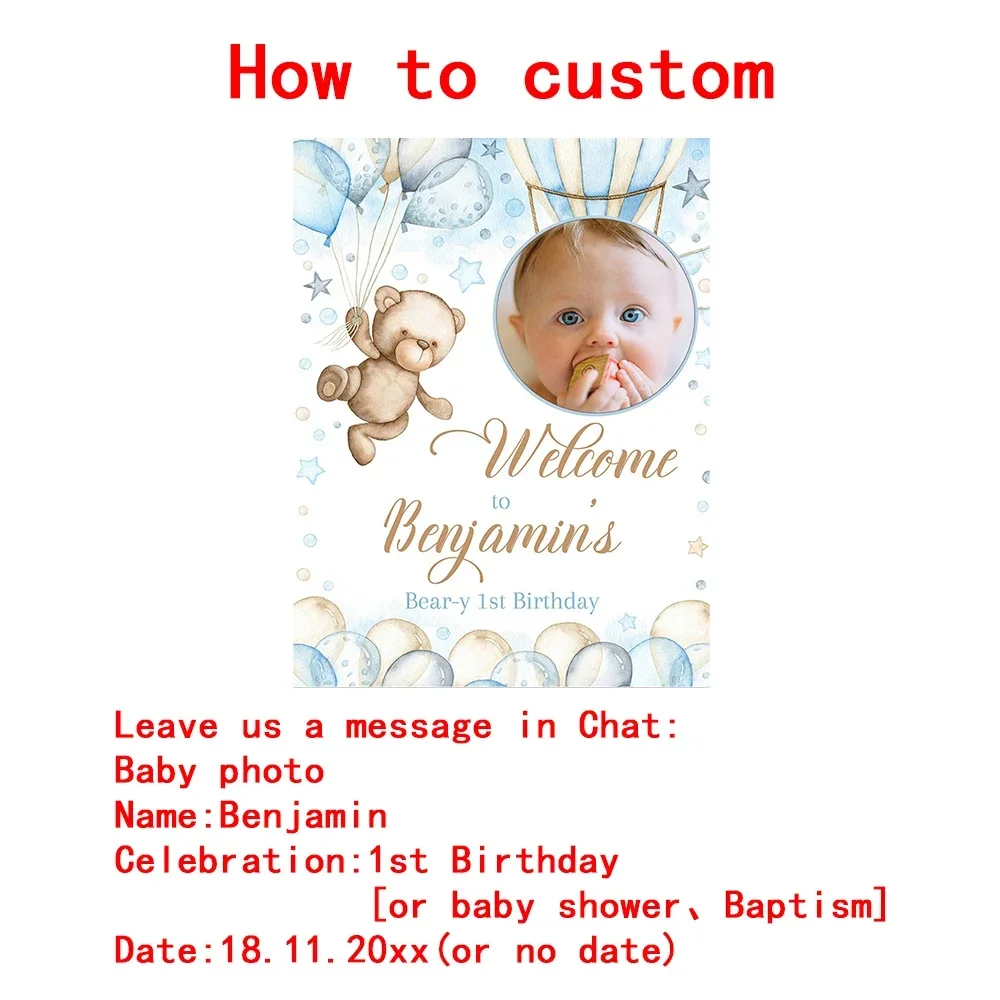 Custom Teddy Bear Birthday Welcome Sign Poster With Photo Blue Tan Balloon Personalized Art Print Wall Picture Boy Party Decor