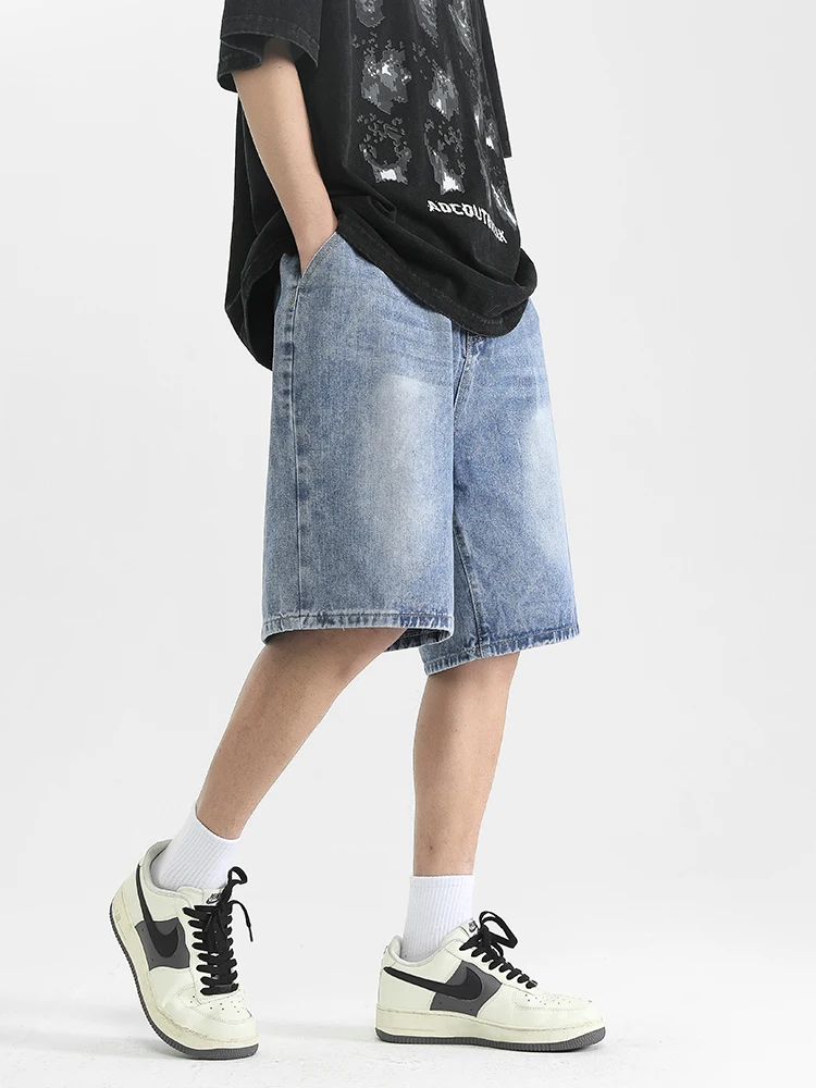 Grey men's denim shorts with straight button pattern, men's jeans, pants, denim retro streetwear, wide style, summer new style