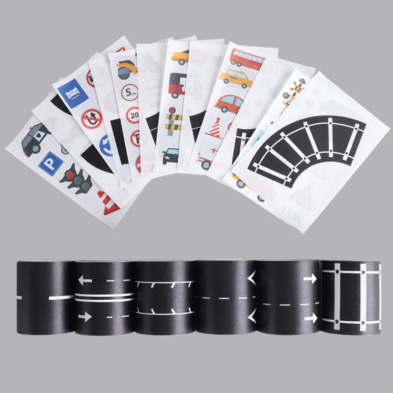 装飾的な道路と鉄道のデザイン紙テープ、鉄道と高速道路の装飾テープ、薄いステッカー装飾、1箱あたり6ロール