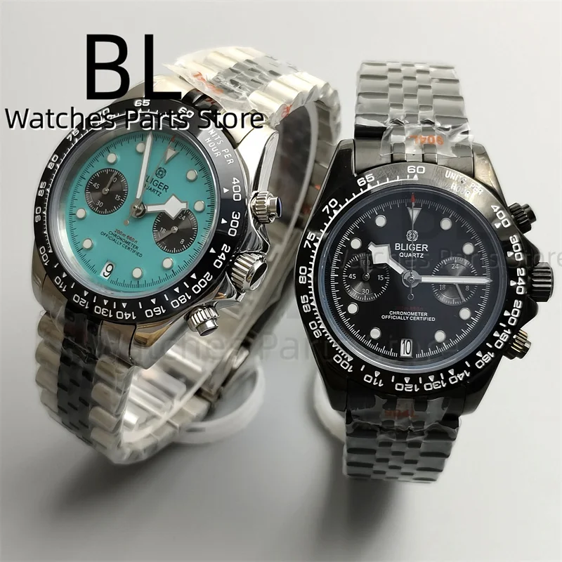 

BLIGER 39mm Full Black VK64 Quartz Chronograph Watch For Men Sapphire Crystal 6 O 'clock Date Function Waterproof Jubilee