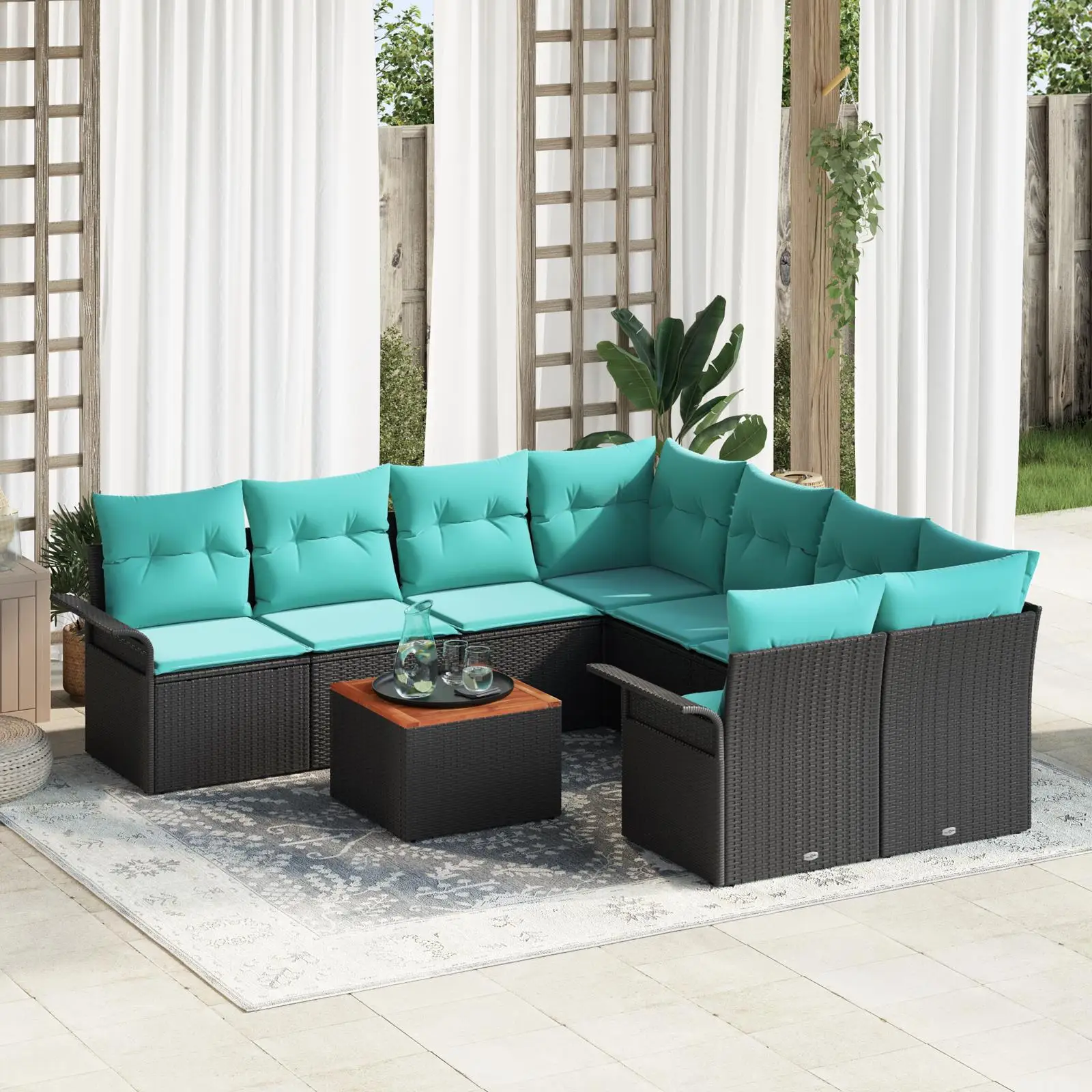 

Elegant 9 Piece Black Poly Rattan Sofa Set with Cushions and Acacia Frame for Garden Patio Outdoor Furniture