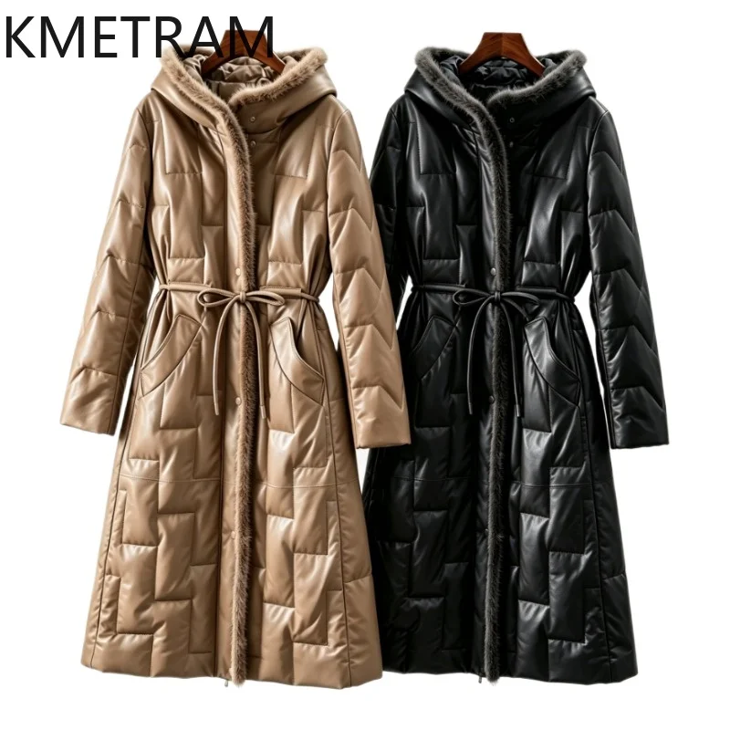 KMETRAM Genuine Sheepskin Down Jackets Women Mink Fur Hood Long Coat Fashion Slim Puffer Jacket 2026 Winter Woman Clothes casaco