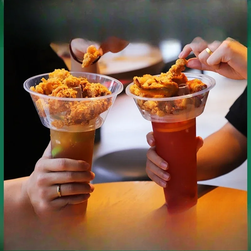Drink and Snack Cup Straws Set Disposable Plastic Stadium Tumbler with Snack Bowl Cup Snack Holder for Fried Chicken Fruit