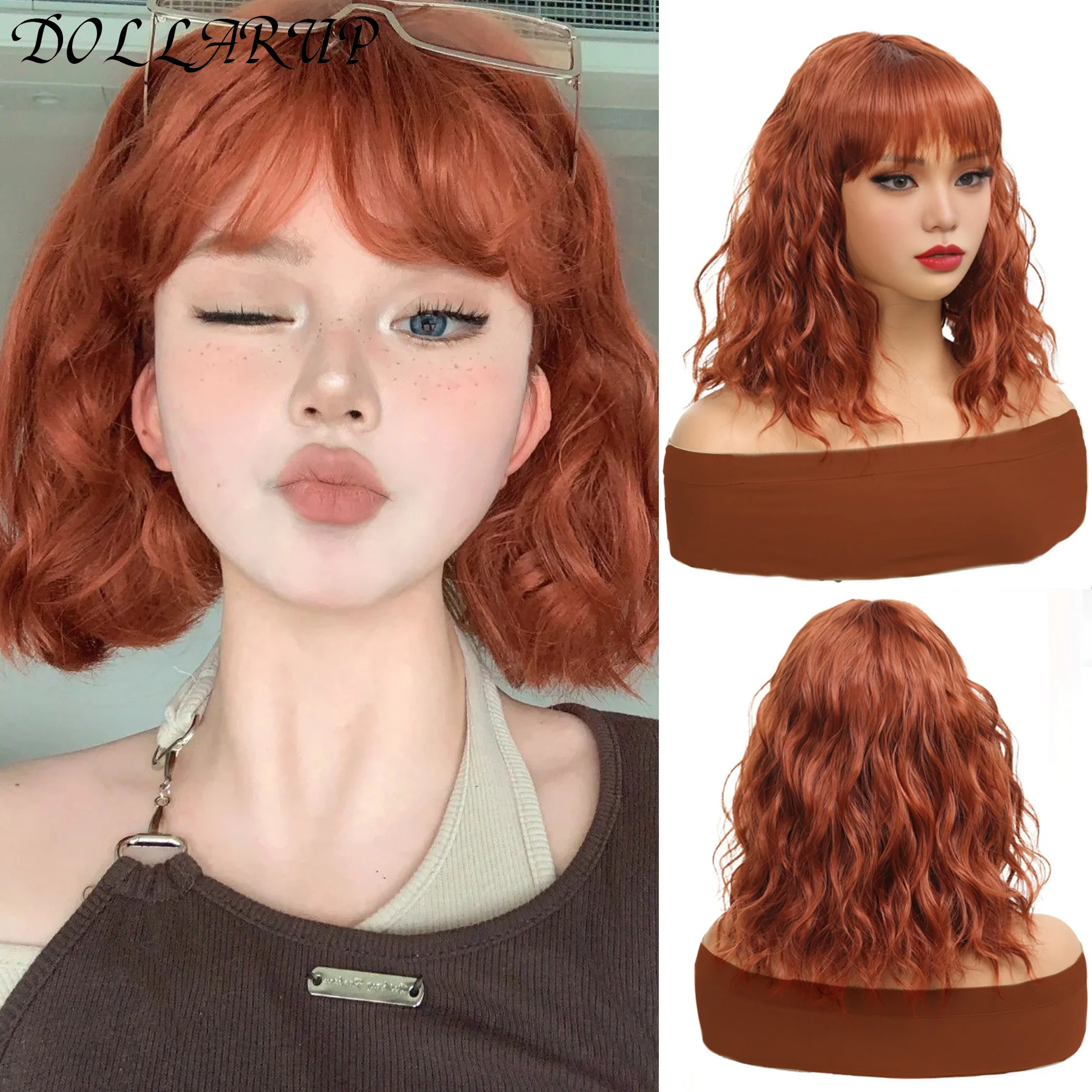 

Orange Ginger Bob Synthetic Wigs Short Wave Hair Wigs with Bangs Natural Curly Bob Wigs For Women Lolita Cosplay Heat Resistant