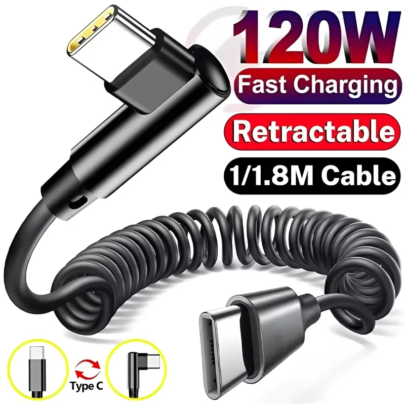 120W USB C To Type C Fast Charging Cables Retractable Dual Type C Cable Car Spring Data Cable Wire for iPhone 17 Samsung Xiaomi