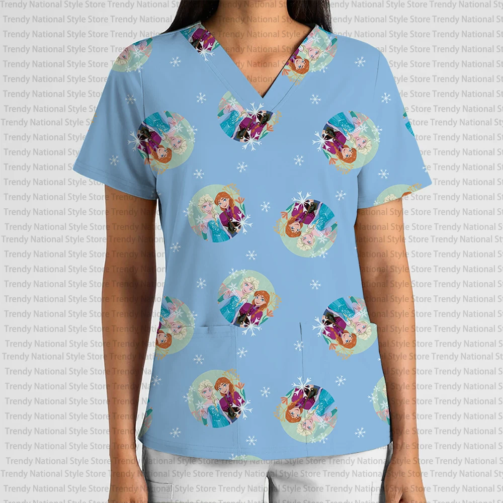 Disney Princess Cartoon Print Hospital Doctor T-shirt New Elegant Women's Work Uniform V-neck Pocket Frosted Top Exquisite