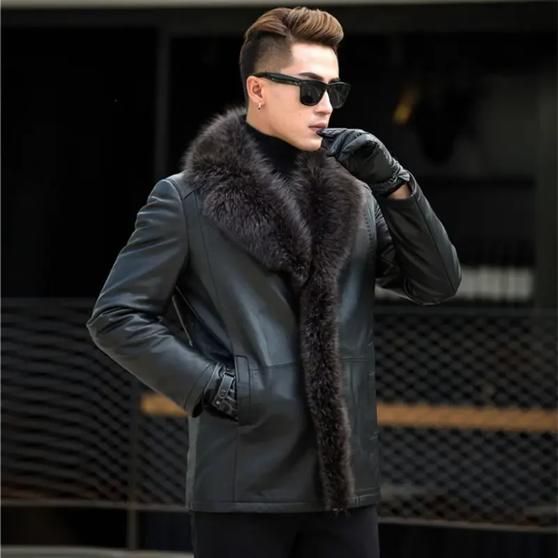 Male Raccoon Fur Collar Long Fur One Leather Men\'s Jacket Large Fur Warm Plus Size 4XL 5XL Winter Real Sheep Leather Coat MZ3267