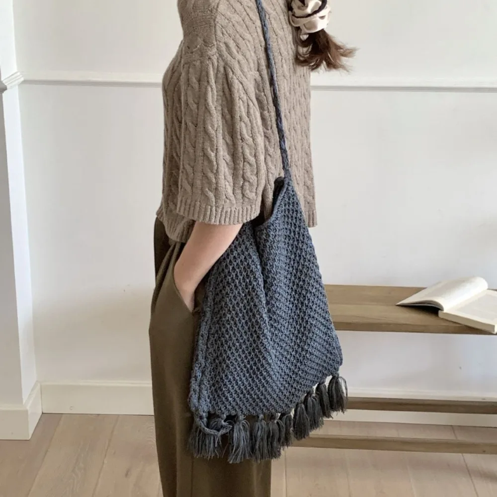 High Quality Soft Retro Art Knitted Bag Solid Color Tassel Shoulder Bag Handmade Woven Bags