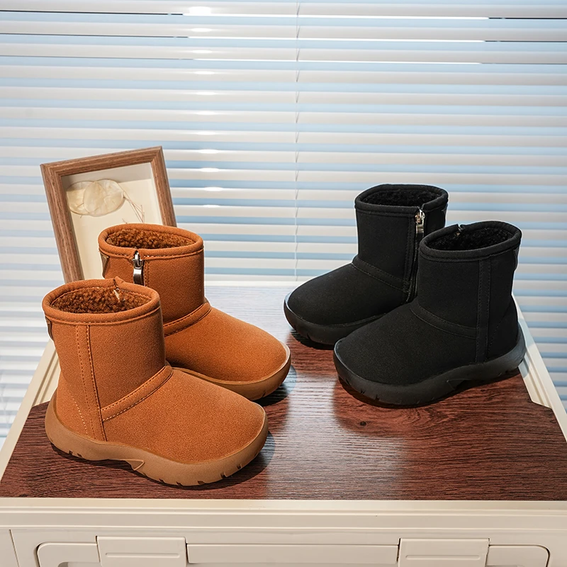 

Детские зимние ботинки, замшевые теплые однотонные детские полусапожки, модные универсальные зимние ботильоны для мальчиков и девочек 2025 года с боковой молнией