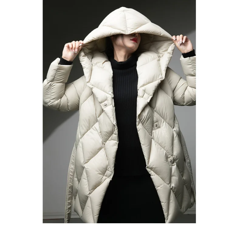 Winter Jackets Woman White Duck Down Single-Breasted Down Coats Warm  Argyle Outwear Solid Color Jacket with A Belt Hooded Parka