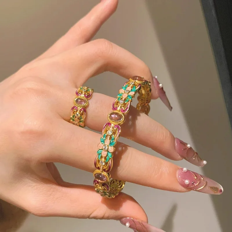 

Classic palace style colorful enamel purple chalcedony flower ring bracelet diamond inlay charm wedding cheongsam jewelry