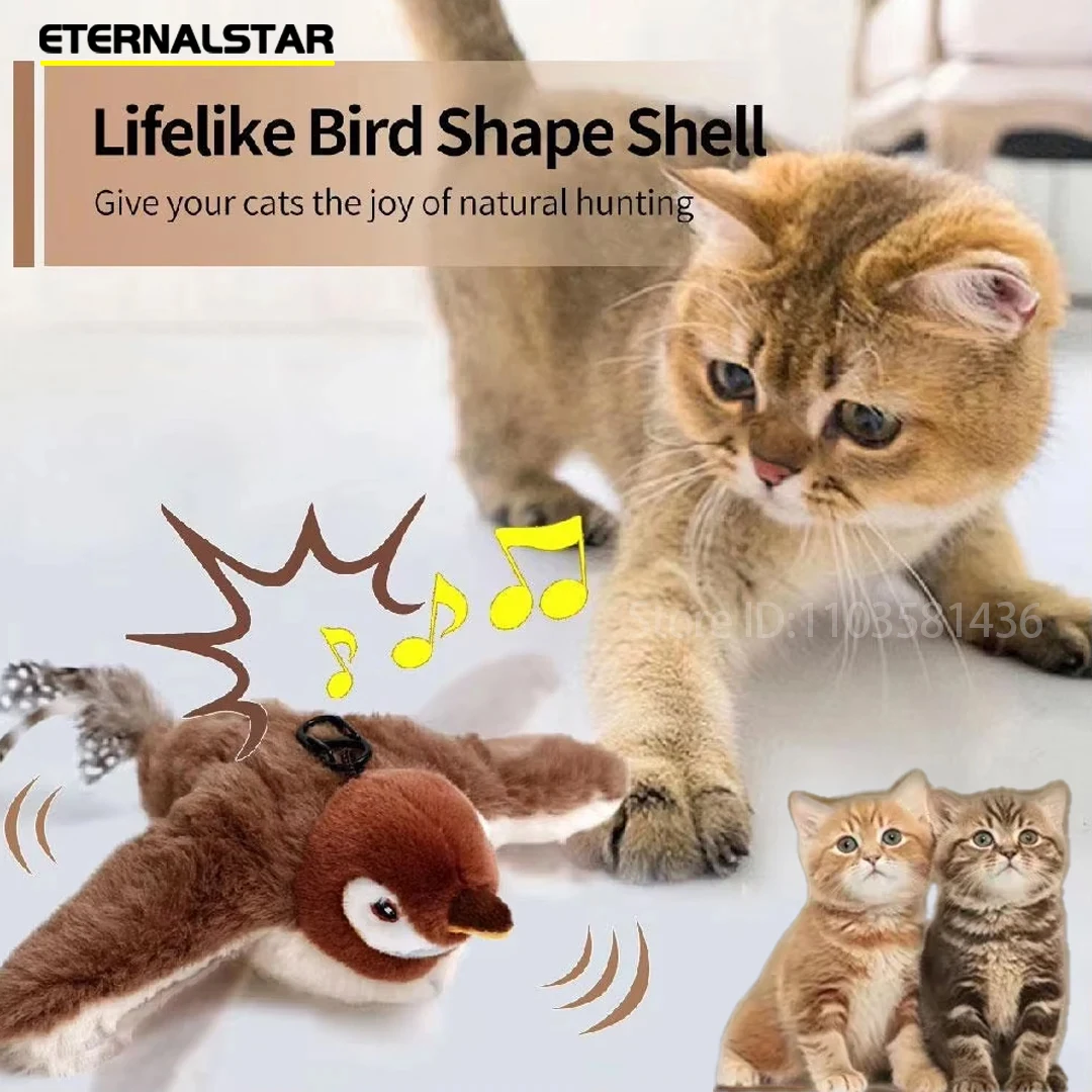 Interactive USB Rechargeable Flapping Bird Cat Toy with Catnip Touch-Activated Squeaky Plush Simulated Chirping Sound for Kitten