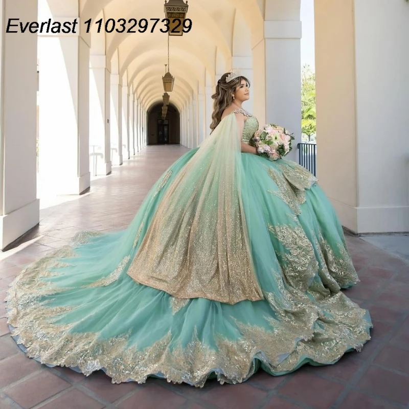 

EVLAST Mexican Sage Green Quinceanera Dress Ball Gown Gold Lace Applique Beading With Cape Sweet 16 Vestido De 15 Anos TQD900