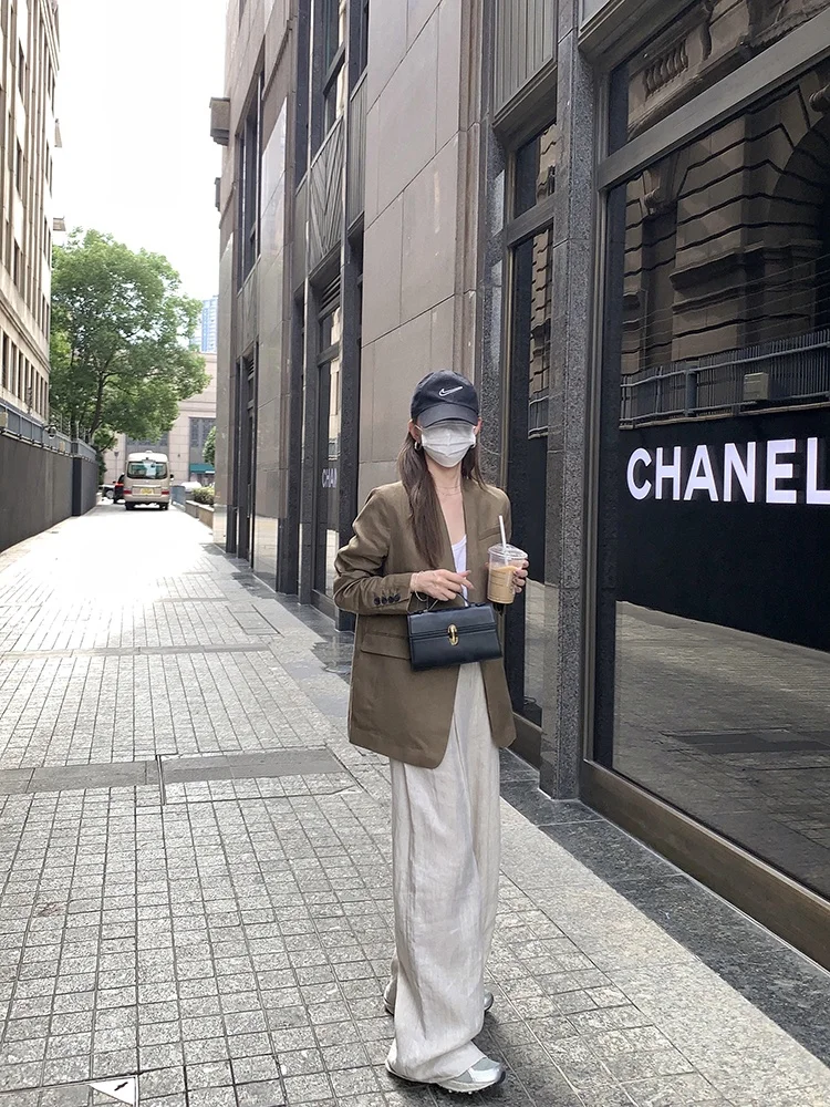 

Льняной костюм свободного кроя Laid-ba: высококачественный летний пиджак из чистого льна с защитой от солнца, длинный рукав, для повседневной носки, женский.