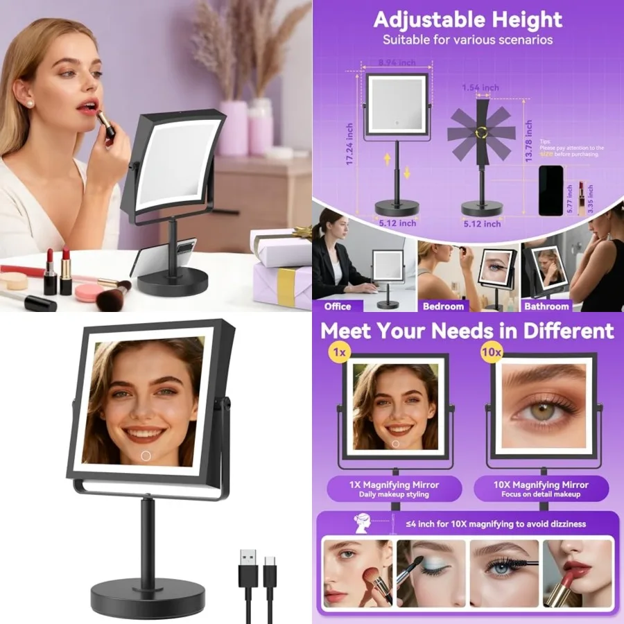 

JIONIESIM Series 1X/10X Makeup Mirror with Lights, Double Sides Lighted Magnifying Mirror with 3 Colors, Height and Brightness