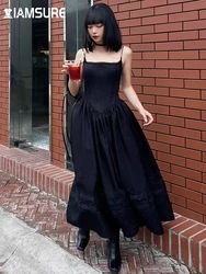 IAMSURE Casual Solid Lace Trim A-Line Long Dress Slim Slash Neck Sleeveless Maxi Dresses For Women 2023 Summer Fashion Ladies