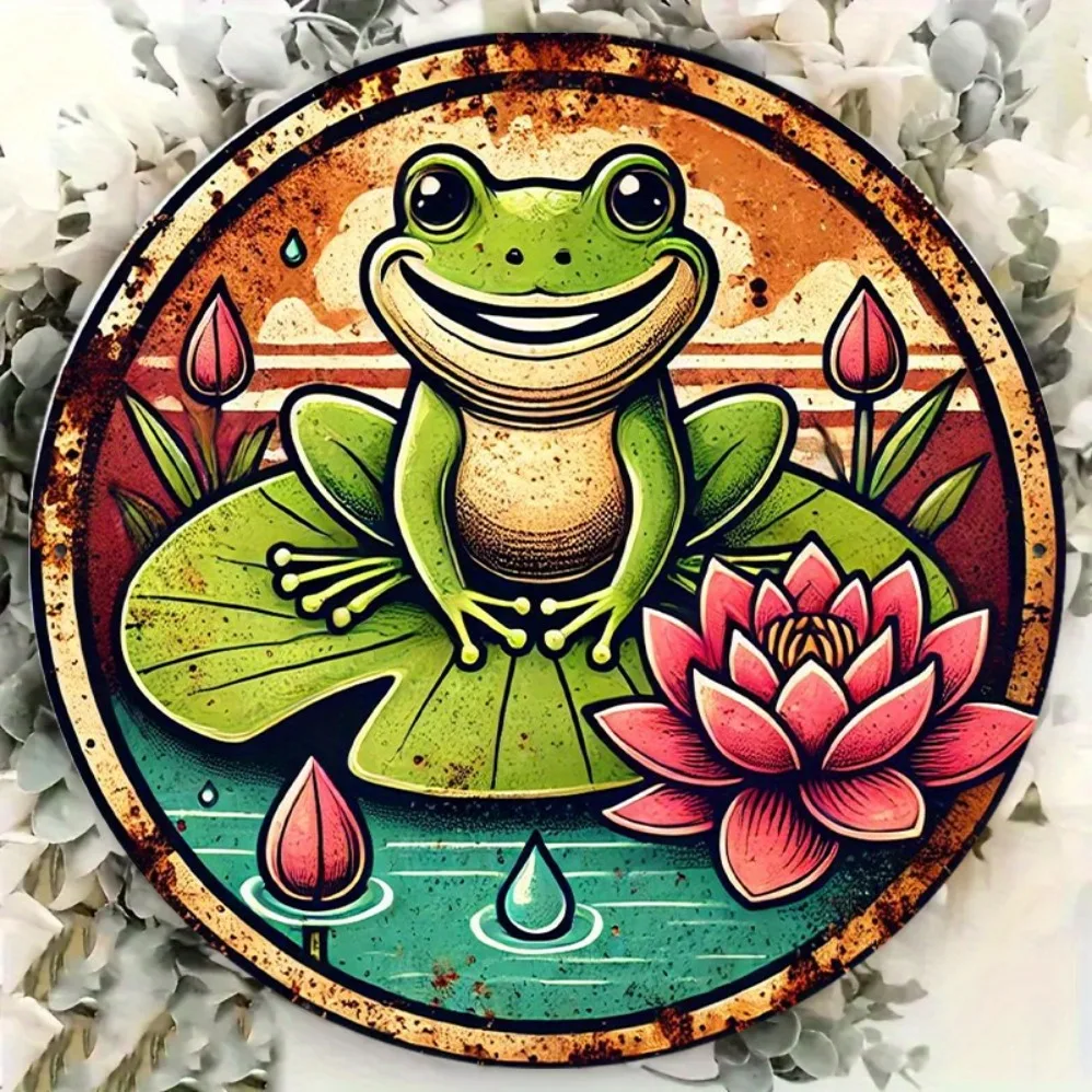 

Vintage Frog and Lotus Tin Sign,Waterproof,Pre-Drilled Holes,UV Resistant,Easy to Hang,Multipurpose Wall Hanging, English Text
