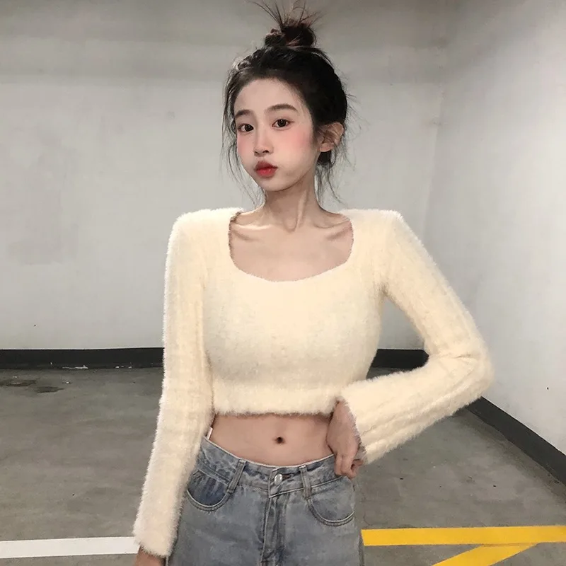 

Fashion Women Sweaters Korean Style Square Collar Long Sleeve Crop Tops 2022 Chic Sweet Knitted Sweater