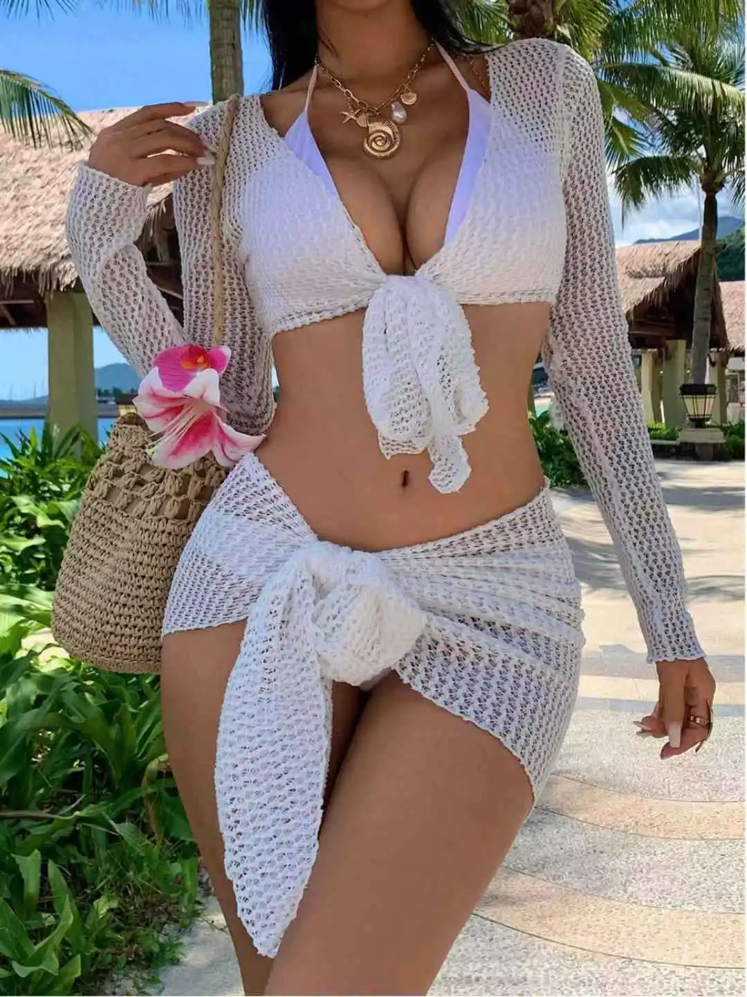 

4-Piece Long Sleeve Bikini Set UPF Sun Protection with Sheer Cover Up Sexy Cut Out Beachwear Women's Swimsuit Holiday White Robe