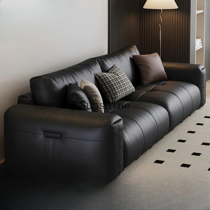 

Italian minimalist leather sofa first layer cowhide modern living room small apartment black retro sofa