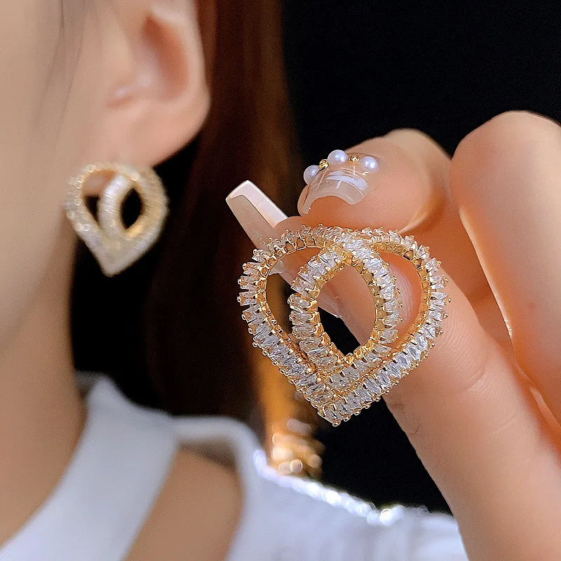 European and American Luxury Hollowed Out Zircon Double C Heart-shaped Niche Design Silver Needle High-end Earrings