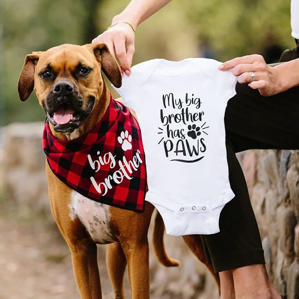 

My Big Sister / Brother Has Paws Matching Dog Bandana and Toddler Romper Baby and Dog Matching Outfits Baby Announcement Gifts