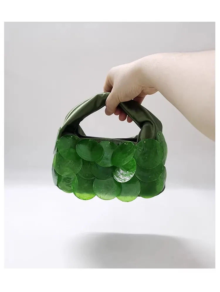 

High Quality Luxury Designer Satin Hobo Bag Natural Shell Case Beaded Handmade Evening Bag Wedding Party Banquet Clutch Purse