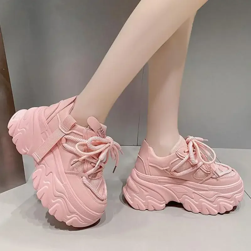 High Platform Sneakers Thick Sole Breathable Mesh Vulcanized Shoes Women Trainers 2024 Spring Increase Pink Chunky Sneakers 8cm